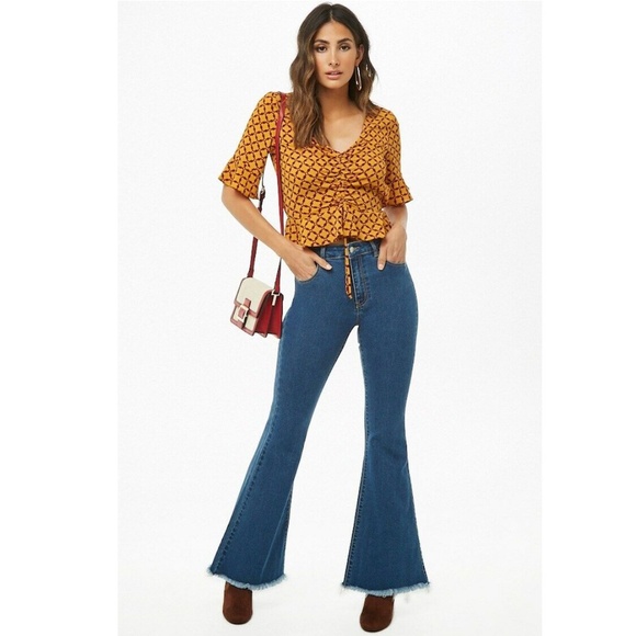 Forever 21 Geometric Print Cinch-Front Blouse with Flowy Sleeves Mustard Yellow - Picture 4 of 10